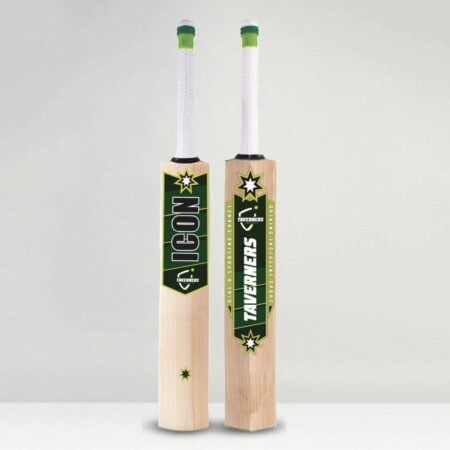 Taverners Australia new bat designs, with bold green and white stickers on both the front and back, showcasing the new logo design.