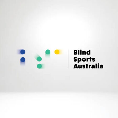 The new Blind Sports Australia logo consists of the letters B S A written in braille. The B is blue, the S is green and the A is gold, and each dot has a gradient of the same colour trailing out behind it making it look like the are moving around dynamically. Next to the Braille letters are the words Blind Sports Australia, written in bold, sans serif black type.